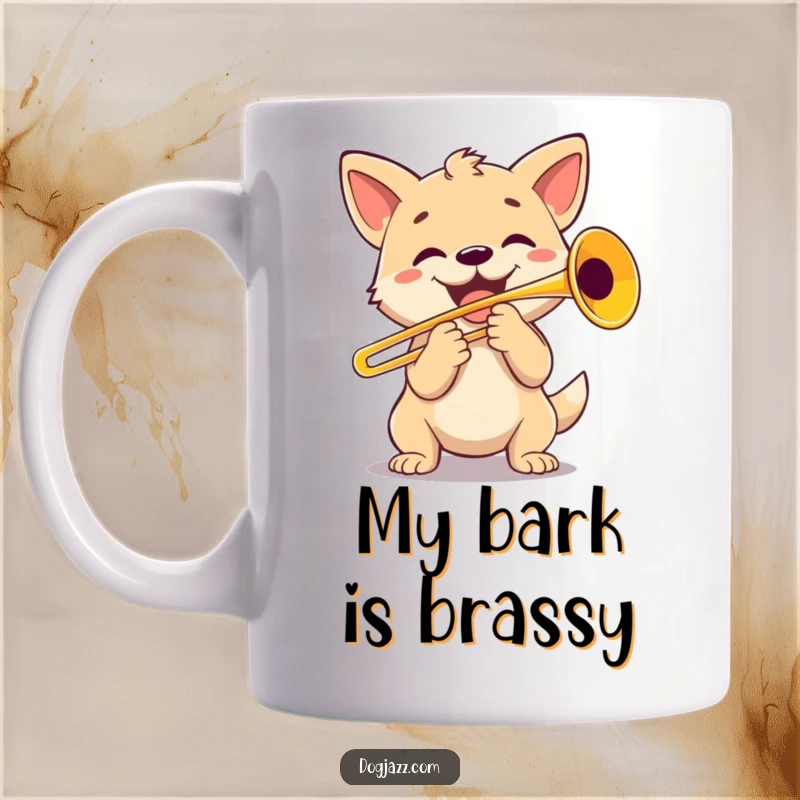 Funny Dog Trombone Player Mug: A happy dog character energetically playing a trombone with gusto, showcasing musical enthusiasm.