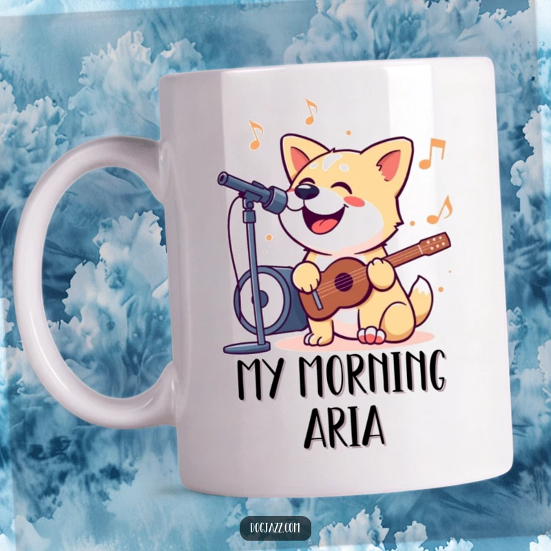 Funny Mug showing a dog with its mouth open, happily singing along to a jazzy tune, radiating pure musical delight and joy.