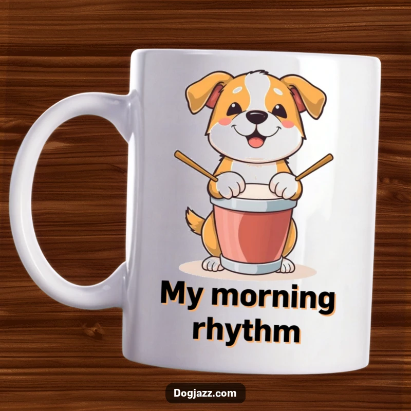 Funny Dog Mug: A hyperactive dog enthusiastically plays drums with its paws, radiating pure musical joy.