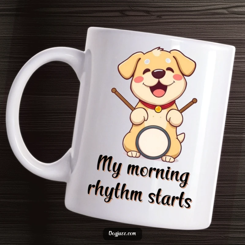 Funny dog mug with a happy dog enthusiastically playing drumsticks, showcasing pure musical joy and rhythm.
