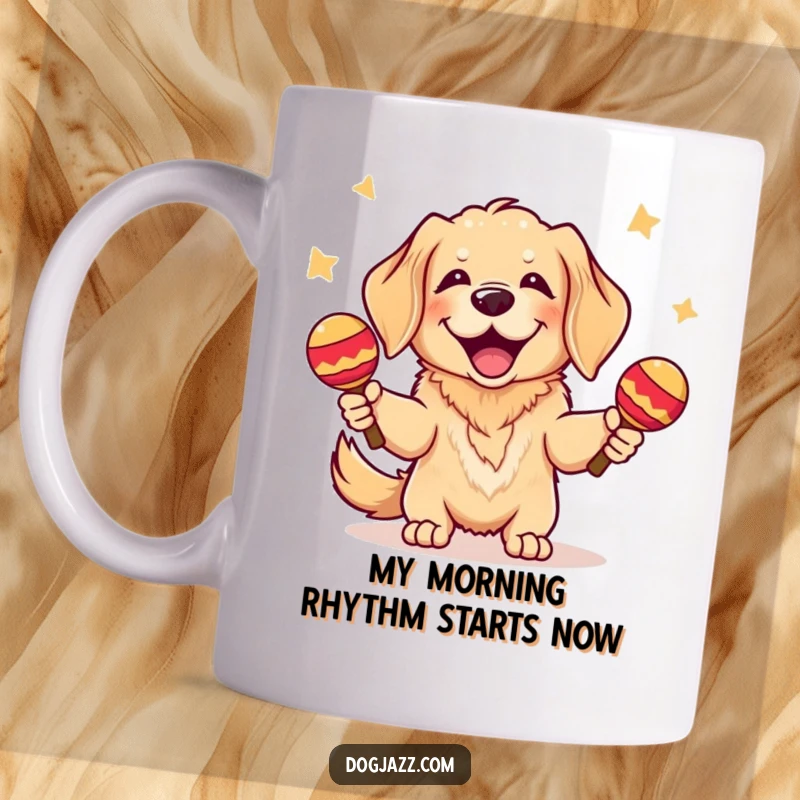 Funny Golden Retriever Mug: A happy dog energetically shaking maracas, spreading pure joy and musical vibes.