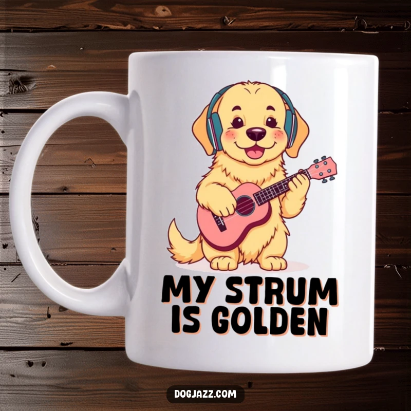 Funny Golden Retriever Ukulele Mug: A cool golden retriever wearing headphones, happily strumming a ukulele, exuding chill vibes.