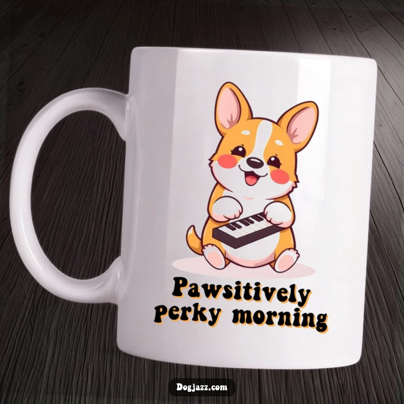 Funny corgi mug featuring an energetic dog enthusiastically playing piano keys with its paws.