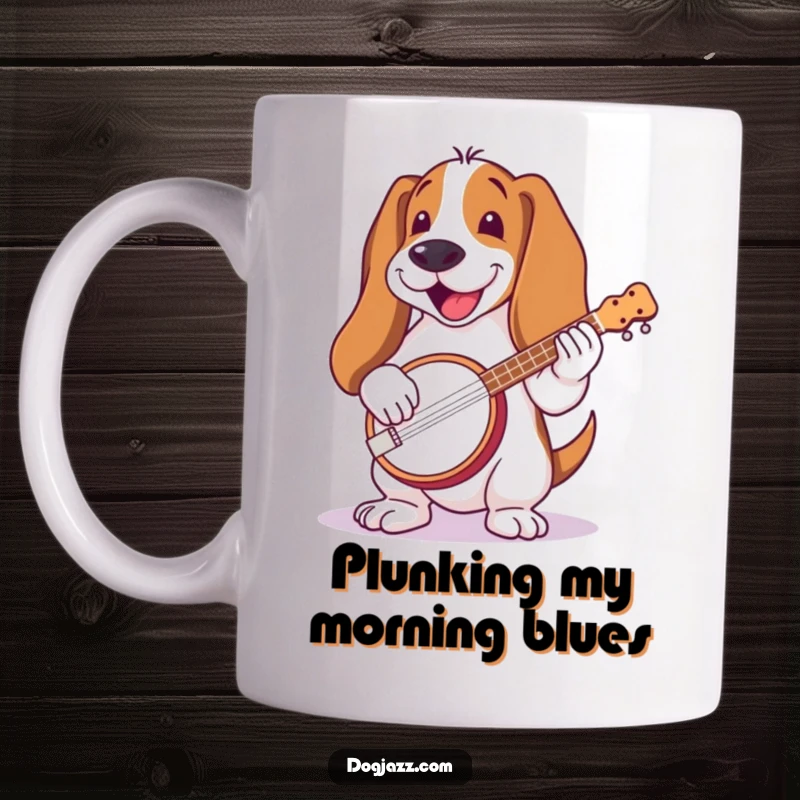 Funny Basset Hound Banjo Mug: A basset hound with long ears, joyfully playing a banjo, radiating down-home musical charm.
