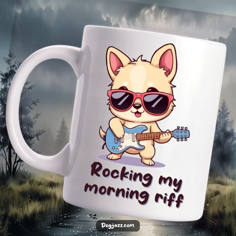 Funny rocker dog mug, wearing sunglasses, playing electric guitar with intense flair and a cool, confident expression.