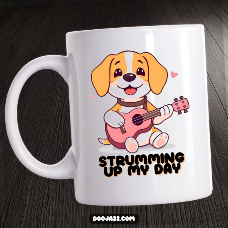 Funny beagle mug showing a happy dog joyfully strumming a ukulele with a content expression.