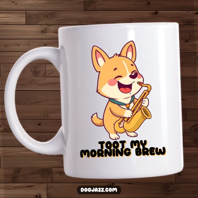 Funny mug with a happy dog character playing a saxophone with a wide grin, embodying musical joy.
