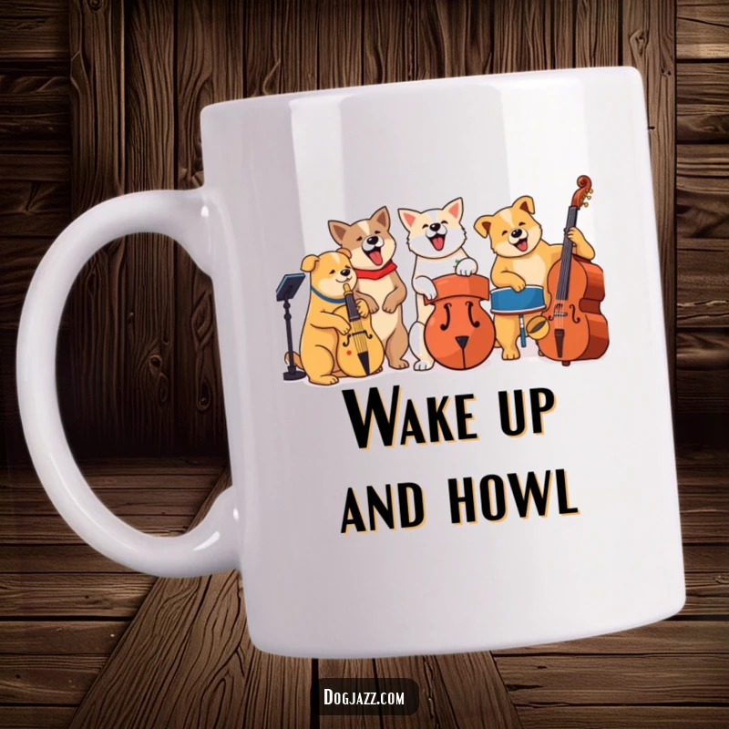 Funny dogs playing jazz instruments like saxophones and trumpets, harmonious music band mug.