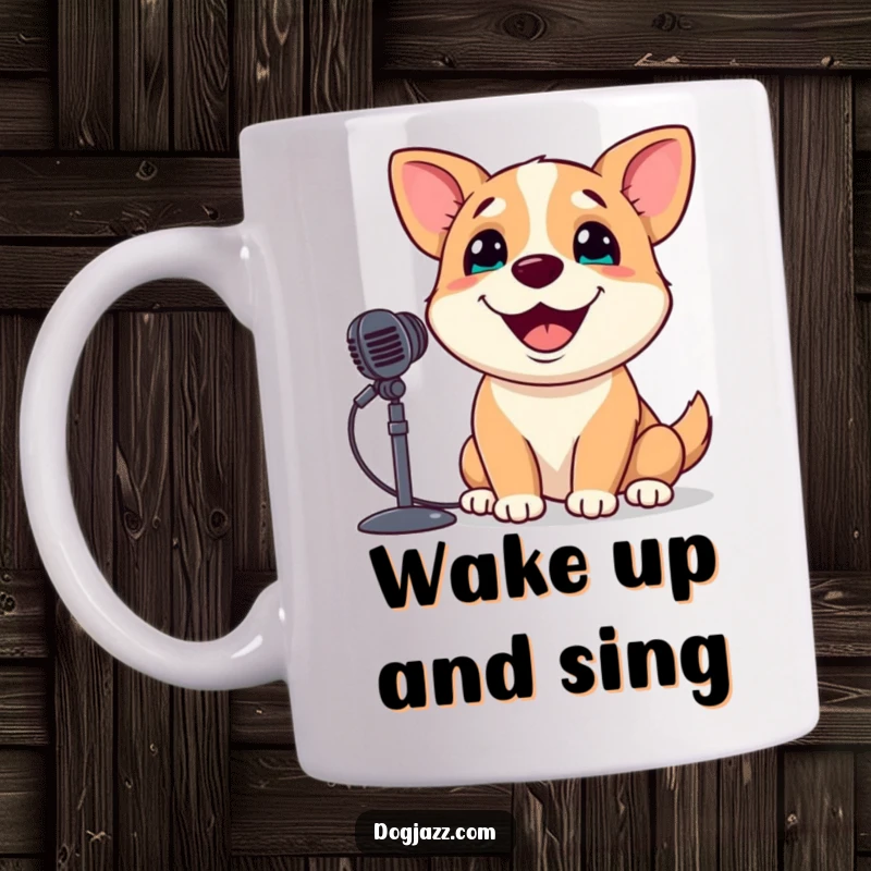 Funny Dog Mug: A dog beams with a wide, happy grin while passionately singing into a microphone, pure musical bliss.