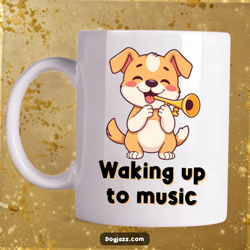 Funny mug showing a happy dog playing a trumpet with its tail wagging energetically, conveying musical joy.