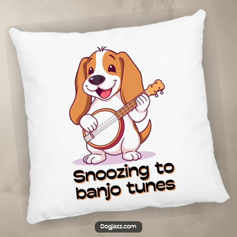 Funny Basset Hound Banjo Pillow: A soft pillow showcasing a basset hound with long ears, joyfully playing a banjo, adding rustic vibes.