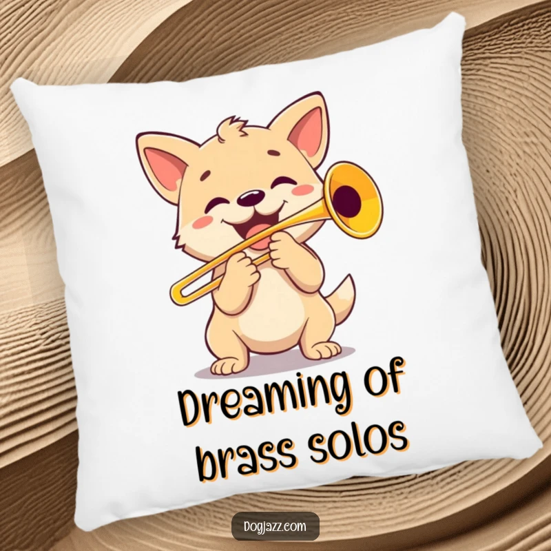 Funny Dog Trombone Player Pillow: A soft pillow showcasing a happy dog character enthusiastically playing a trombone, adding musical vibes.