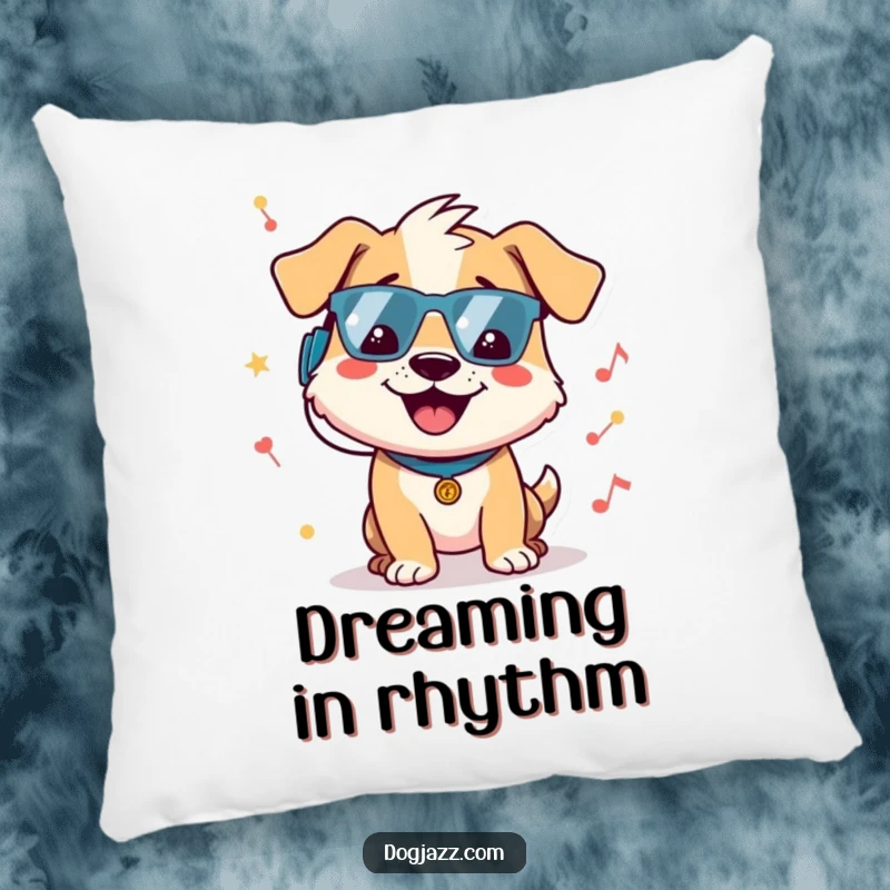 Funny dog pillow showcasing a cheerful dog character bopping its head to a groovy beat, offering comfort and a touch of musical humor.