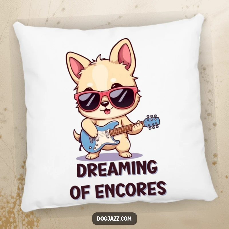 Funny rocker dog pillow, sunglasses on, playing electric guitar, soft and cozy for ultimate rockstar relaxation.