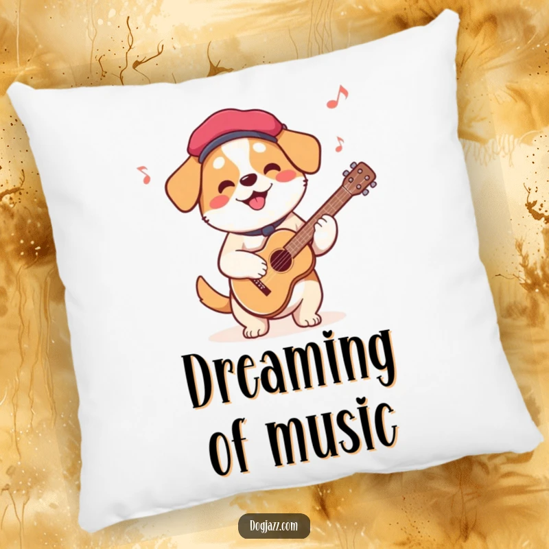 Funny French Dog Guitar Pillow with a beret-wearing dog playing guitar, offering humorous comfort and artistic appeal.