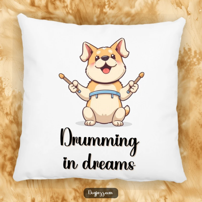 Funny Pillow: an energetic dog tapping drumsticks, bringing rhythmic comfort and canine charm to any room.