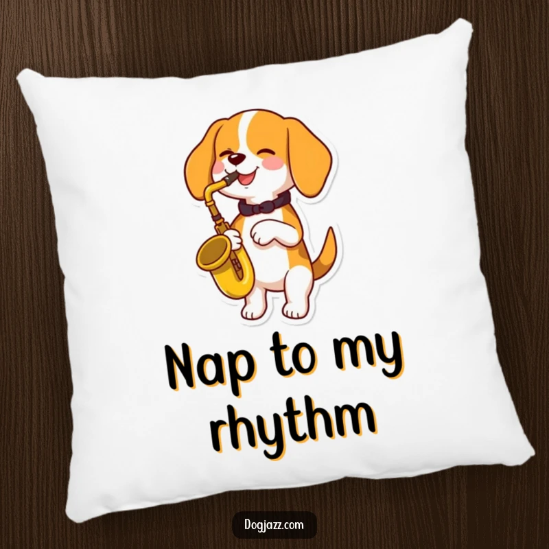 Funny beagle dog playing a saxophone, looking incredibly happy, on a soft pillow, ideal for a funny gift.