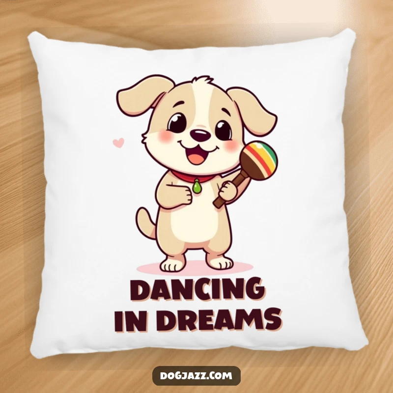 Funny dog character dancing and playing maracas, a soft decorative pillow for adding comfort and playful energy.