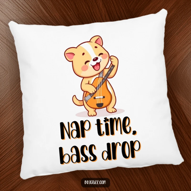 Funny Dog Bass Player Pillow, a happy dog enjoys playing a bass guitar, offering comfort and musical charm.