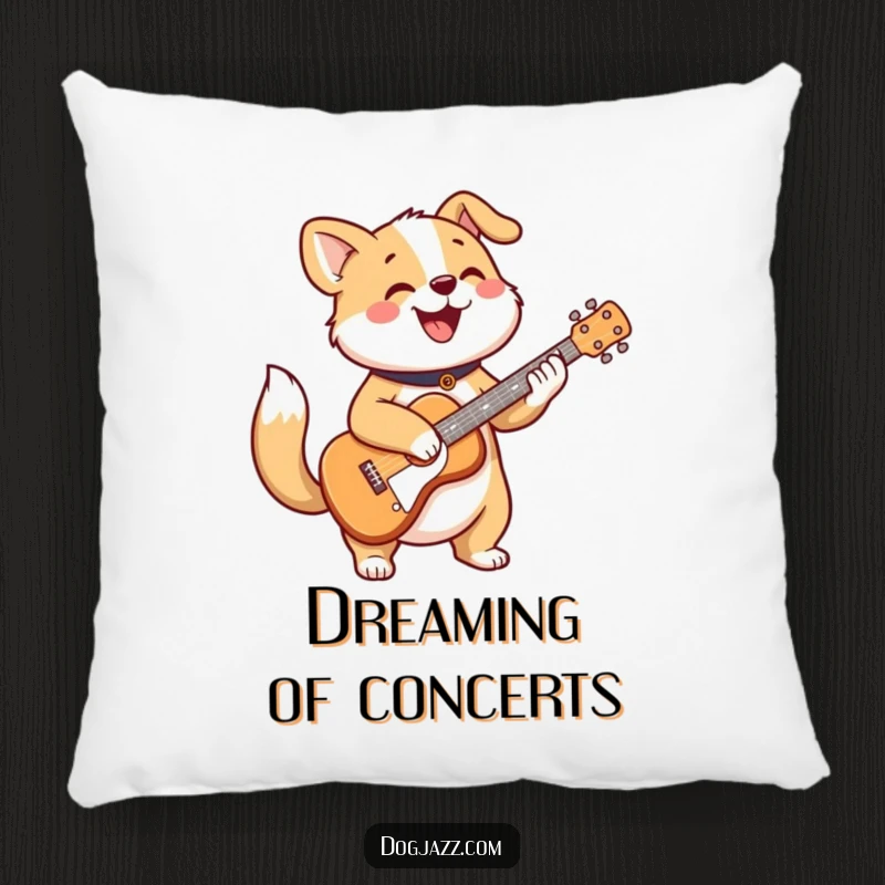 Funny pillow featuring a cheerful dog character strumming a guitar with a wagging tail, soft decor.