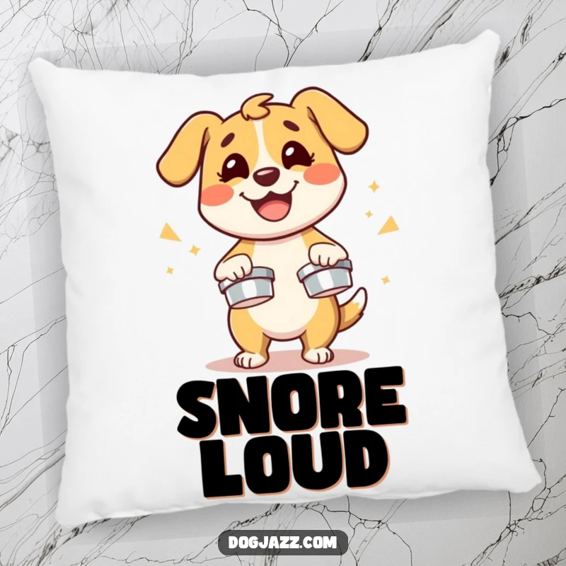 Funny dog character energetically playing cymbals with a smile, a soft and humorous pillow.