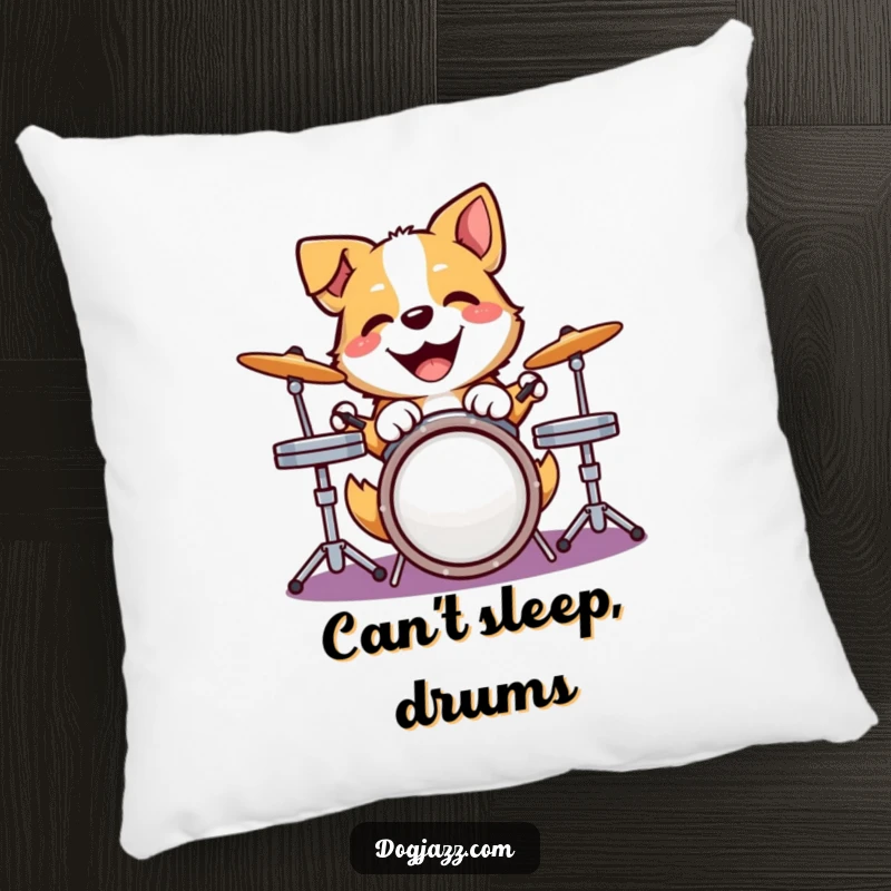 Funny dog pillow showcasing a happy dog joyfully pounding on a drum kit, perfect for adding comfort and rhythm.