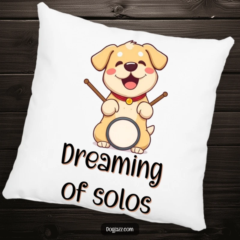 Funny dog pillow featuring a cheerful dog enthusiastically playing drums, perfect for a music-themed room.