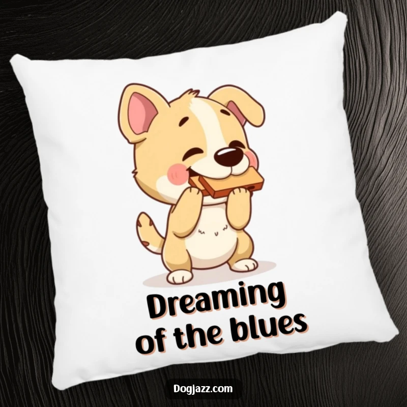 Funny dog pillow with a dog playing a harmonica and bopping its head, offering soft comfort and musical humor.