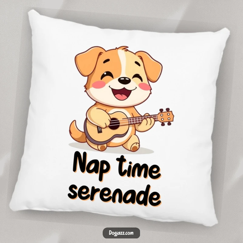 Funny dog strumming a ukulele with a big smile, radiating warmth and musical joy on a plush pillow.