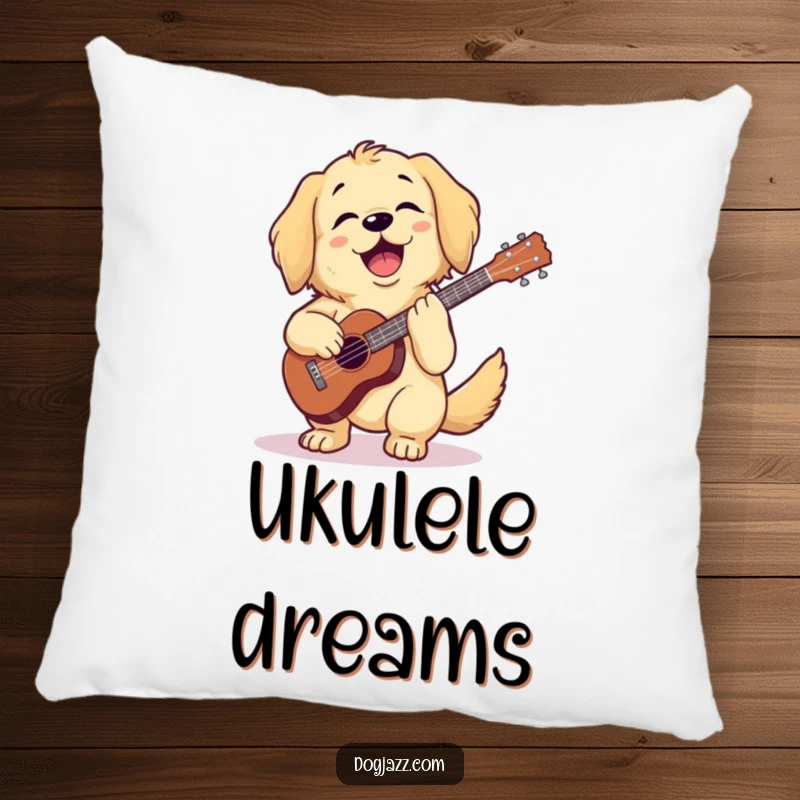 Funny golden retriever playing ukulele on a soft pillow, looking cheerful, ideal for a funny gift.