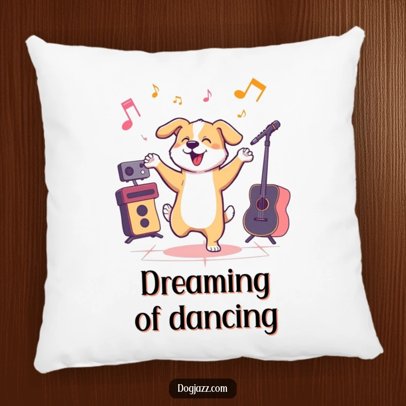Funny dog dancing to jazz music, a soft and humorous pillow.
