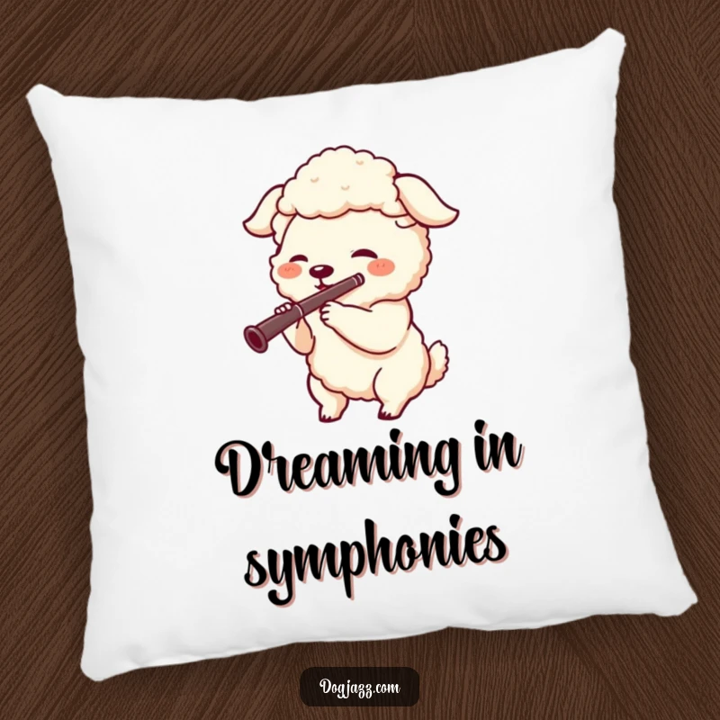 Funny pillow featuring a joyful sheepdog character playing a clarinet with enthusiasm, adding a musical touch to decor.