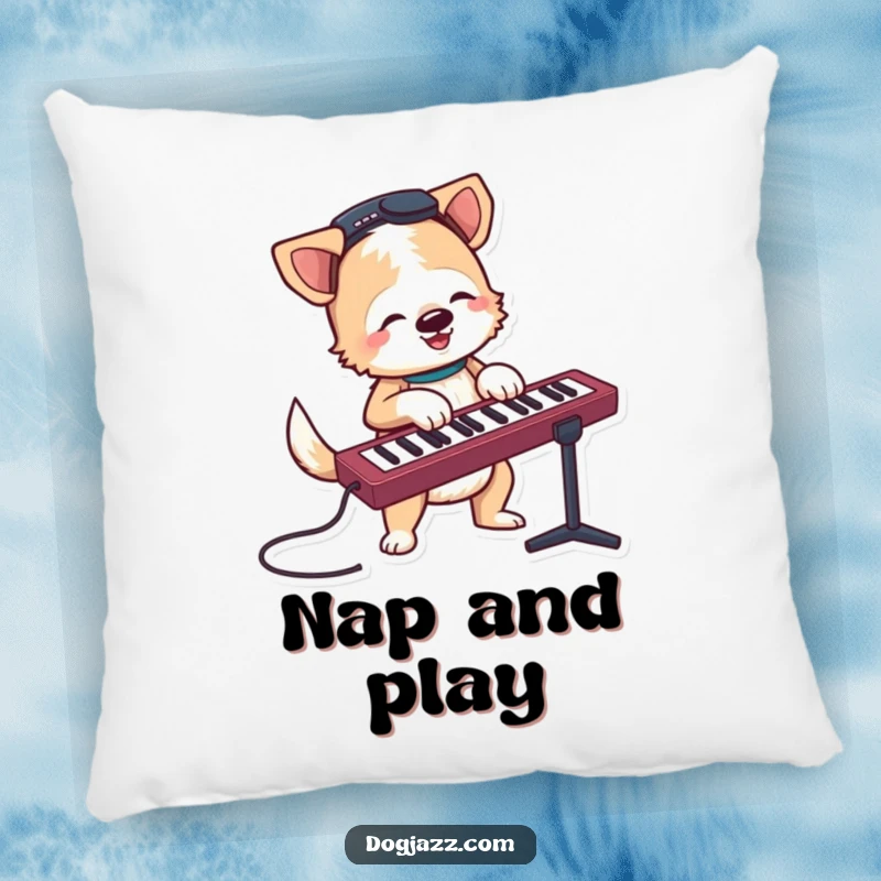 Funny terrier character jamming on a keyboard with a wagging tail, a soft and humorous pillow.