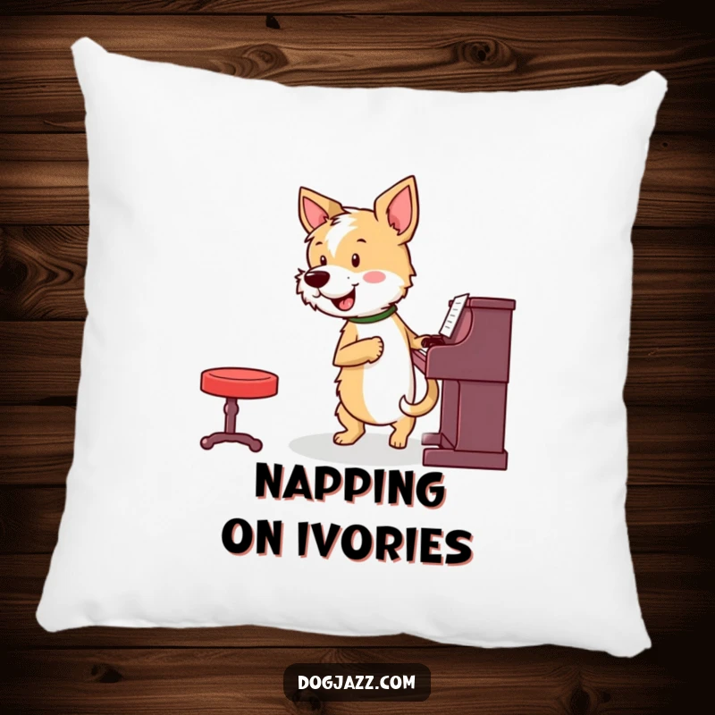 Funny terrier playing piano on a soft pillow, looking happy, ideal for a funny gift.
