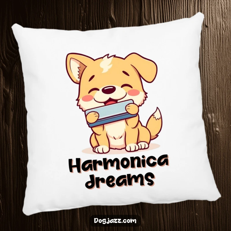 Funny dog pillow showcasing a happy dog enthusiastically playing the harmonica with a smile, perfect for comfort and charm.