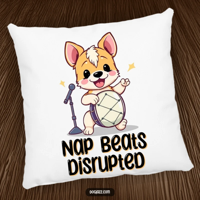 Funny Terrier Drummer Pillow with an energetic terrier playing drums, offering humorous comfort and musical flair.