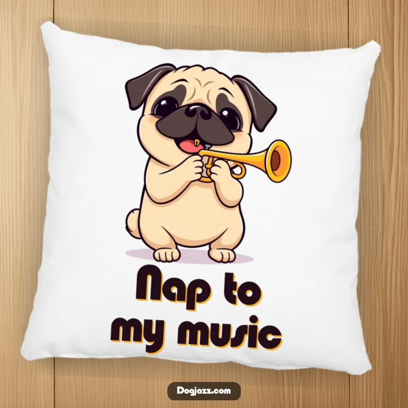 Funny pug playing a cheerful trumpet solo, a soft and decorative pillow for sofas or beds. Adds comfort and humor.