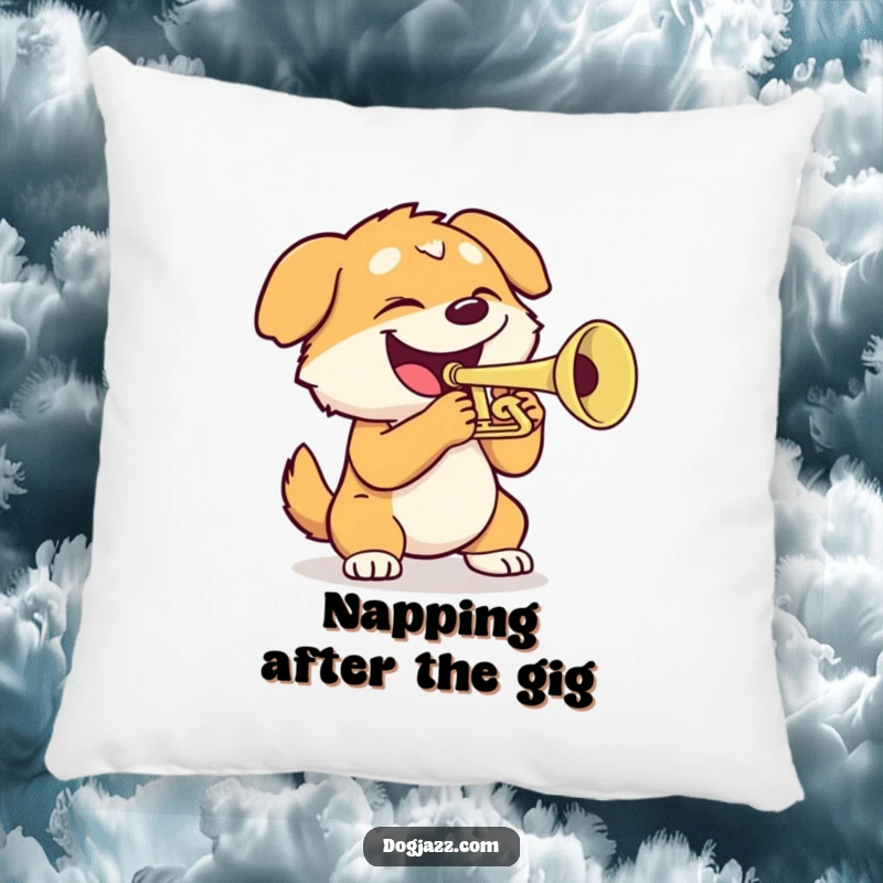Funny dog pillow with an excited dog playing a trumpet, offering comfort and a humorous musical theme.