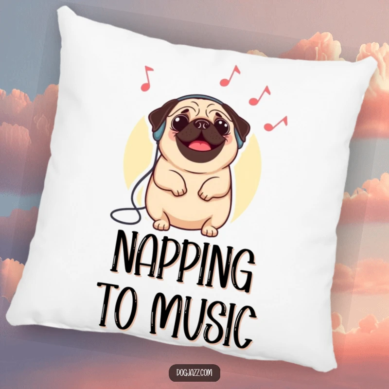 Funny pug pillow featuring a happy pug wearing headphones, nodding to imaginary jazz music, a whimsical decorative accent.