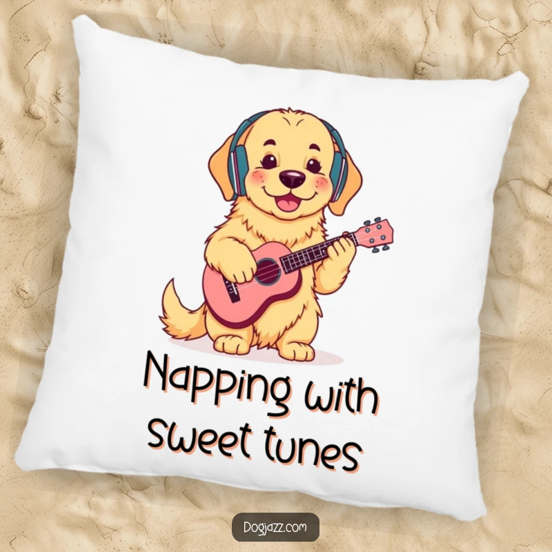 Funny Golden Retriever Ukulele Pillow: A soft pillow showcasing a cool golden retriever with headphones, strumming a ukulele, adding musical vibes.