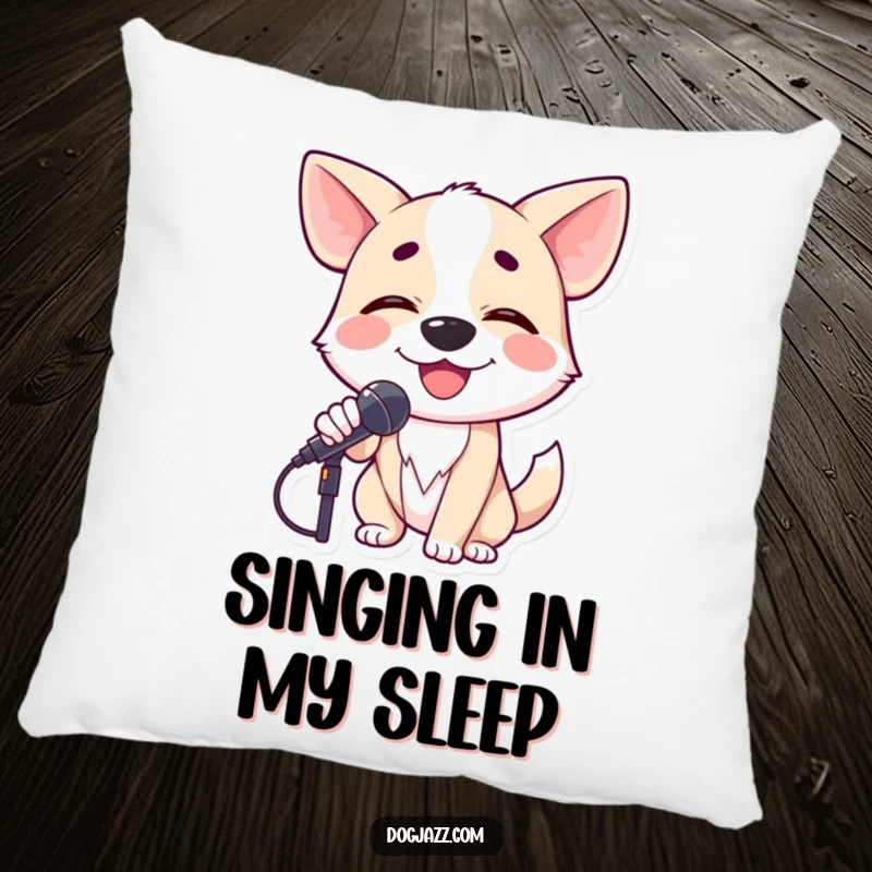 Funny dog crooning into a microphone with closed eyes, a peaceful performer ready for relaxation on a pillow.