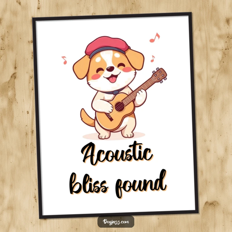 Funny French Dog Guitar Digital Art Print of a beret-wearing dog playing guitar, perfect for charming and humorous wall decor.