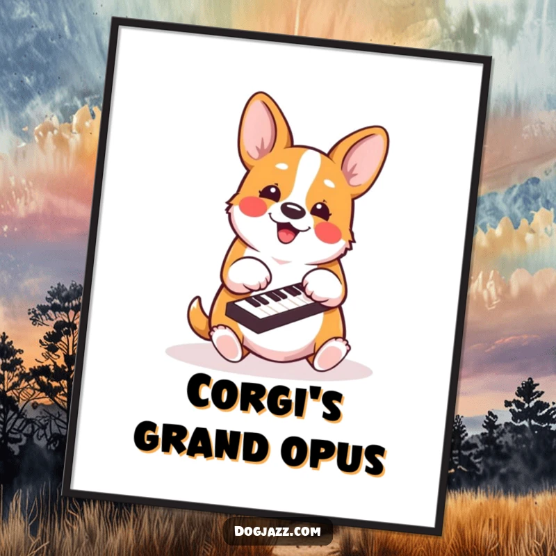 Funny corgi digital art print of an energetic dog enthusiastically playing piano keys with its paws, full of musicality.