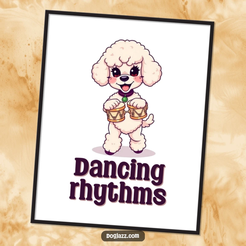 Funny poodle digital art print showing a poodle dancing dynamically while playing small bongos, full of energy and humor.