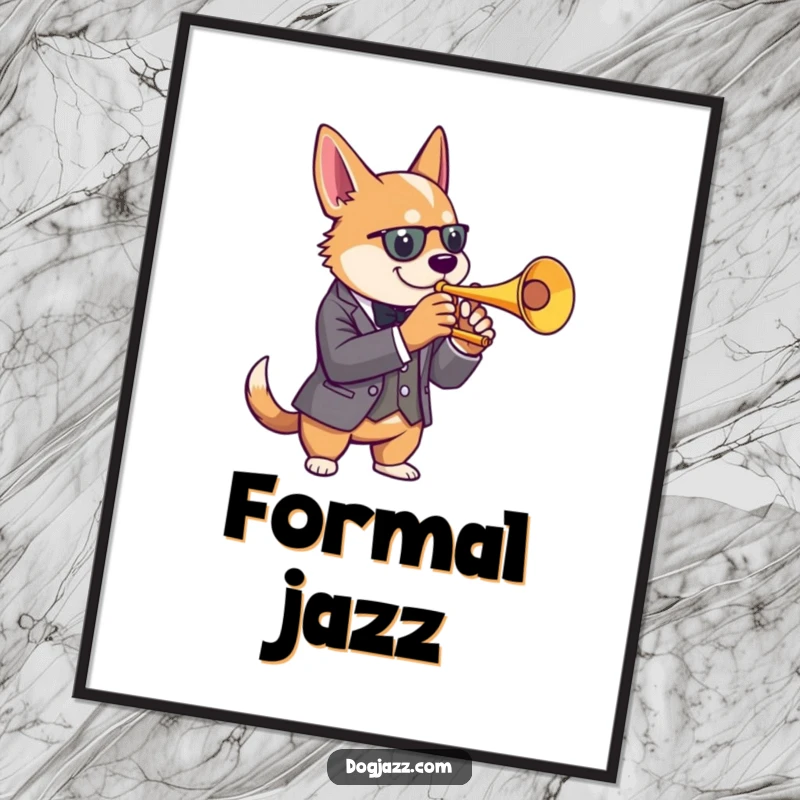 Funny dog trumpet digital art print of a dog in a sharp suit playing jazz music, ready to download and frame.