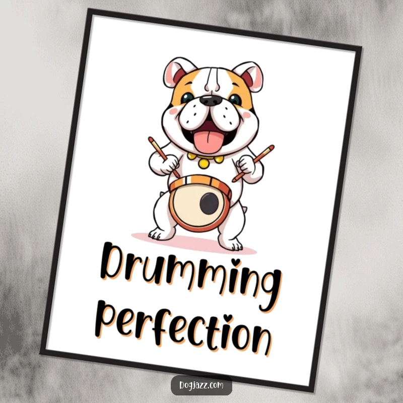 Funny bulldog drummer in a high-energy drum solo, digital art for immediate wall decor, a funny gift.