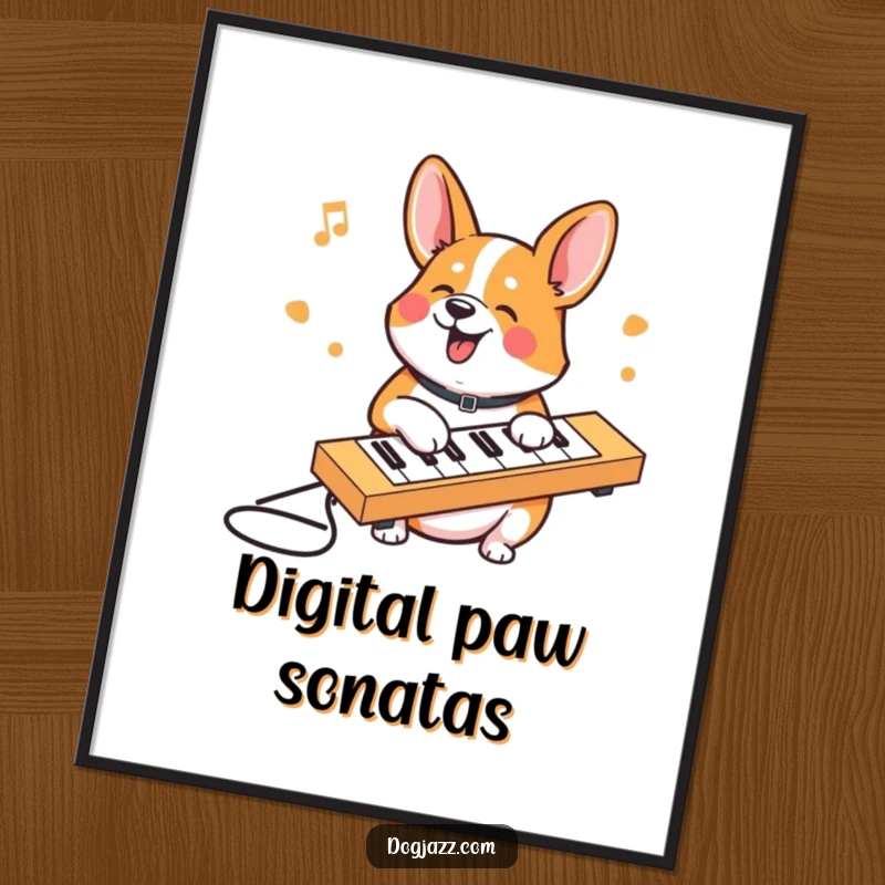 Funny Corgi digital art print of a corgi character happily tapping on a keyboard, perfect for immediate humorous wall decor.