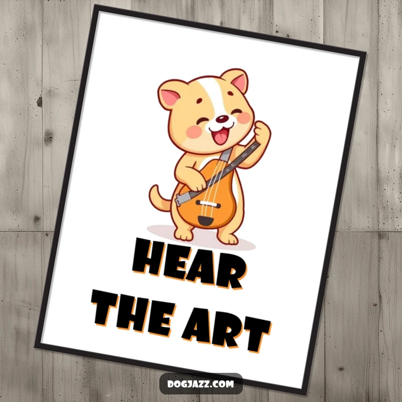 Funny Dog Bass Player Digital Art Print, a dog plays bass guitar with palpable rhythm and joy, downloadable art.