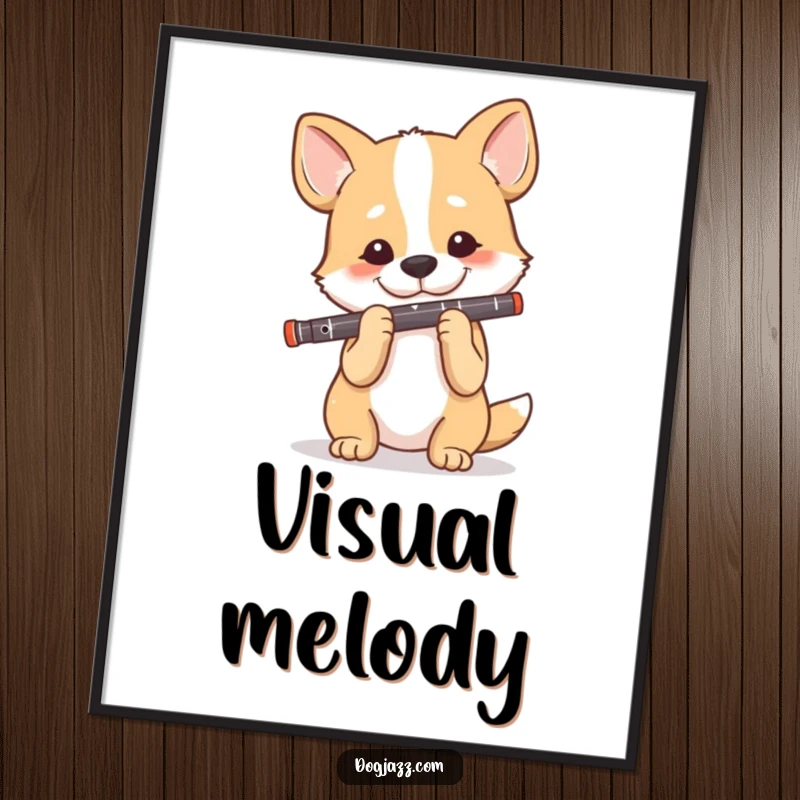 Funny Dog Clarinet Player Digital Art Print, a dog plays the clarinet with focus and joy, elegant wall art.