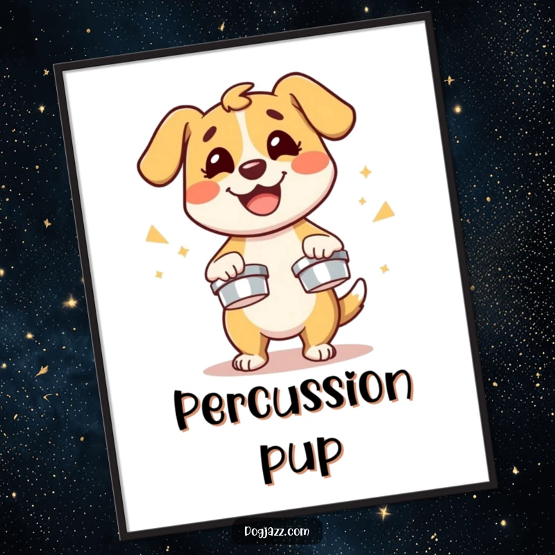 Funny dog character energetically playing cymbals with a smile, humorous and energetic digital art.